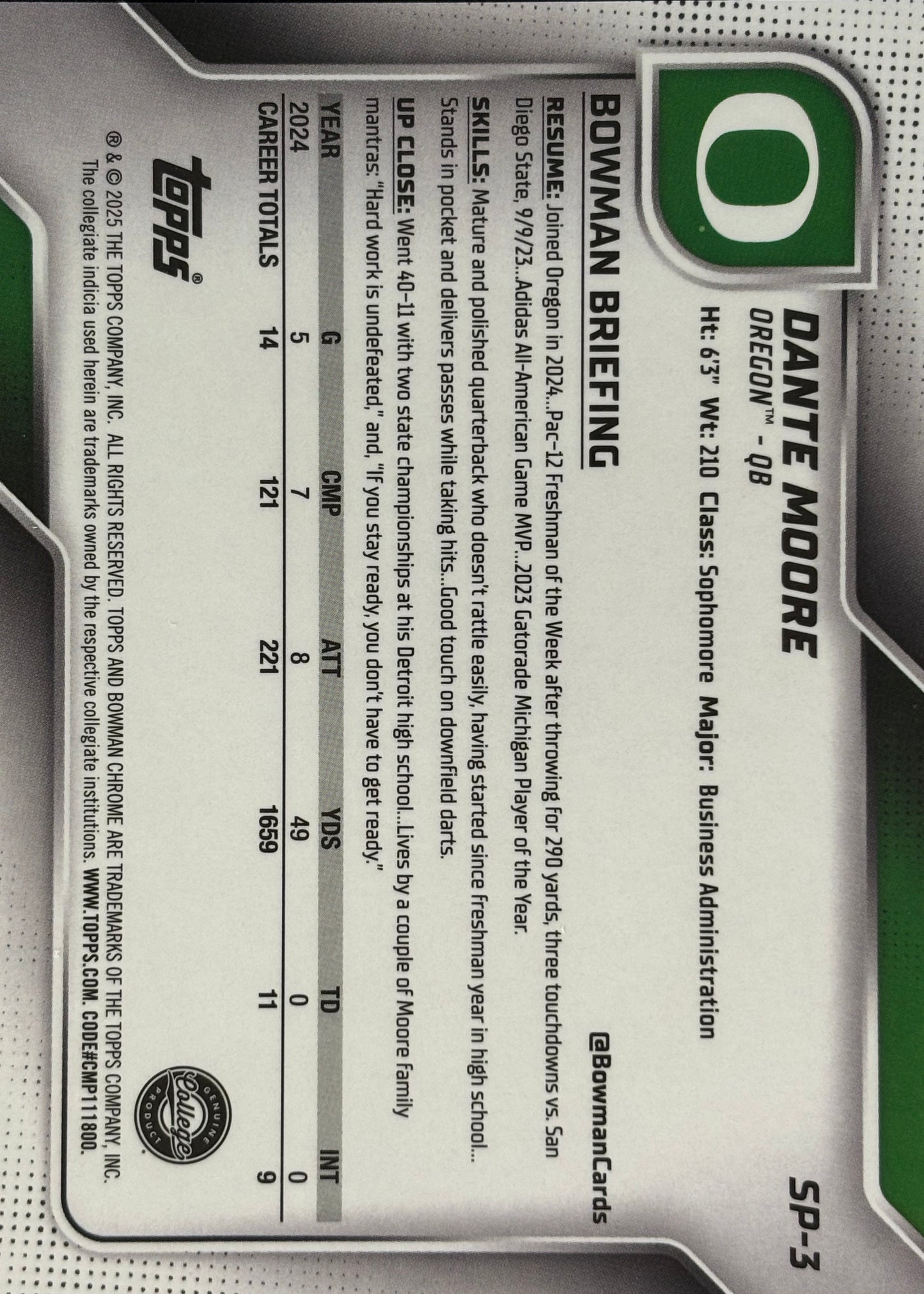 Dante Moore Bowman U Chrome Photo Variation