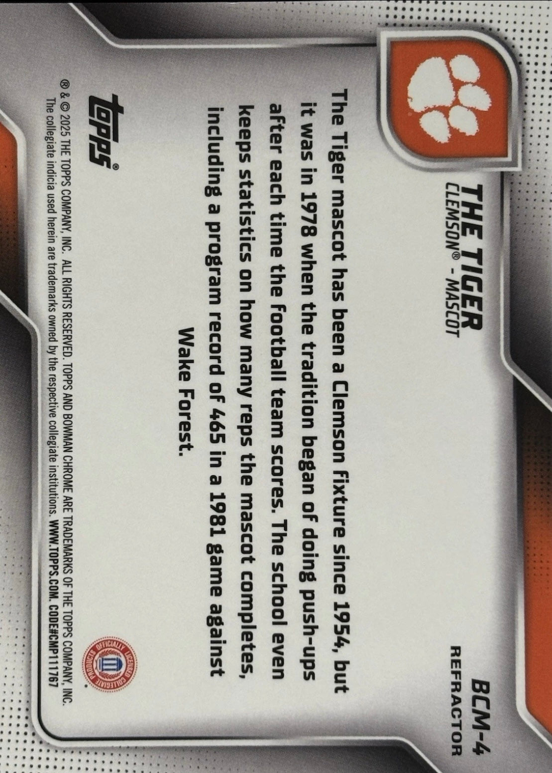 The Tiger Bowman U Chrome Mascot 1st Clemson