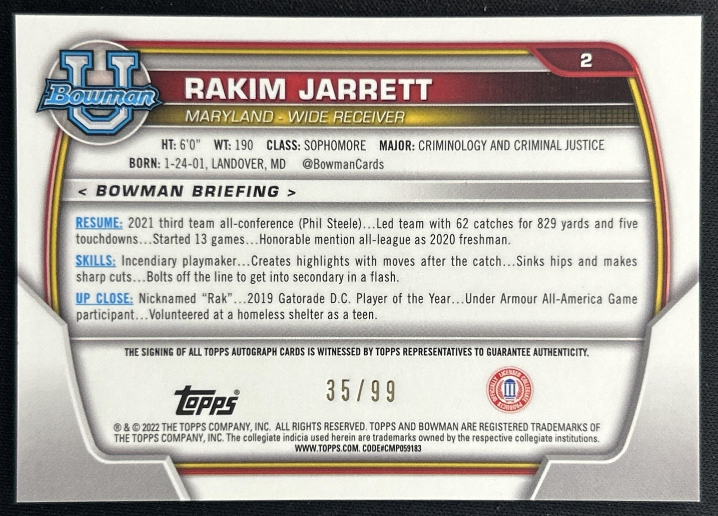 Rakim Jarrett 2022 Bowman University Chrome Prospect Auto Green Refractor /99 Back