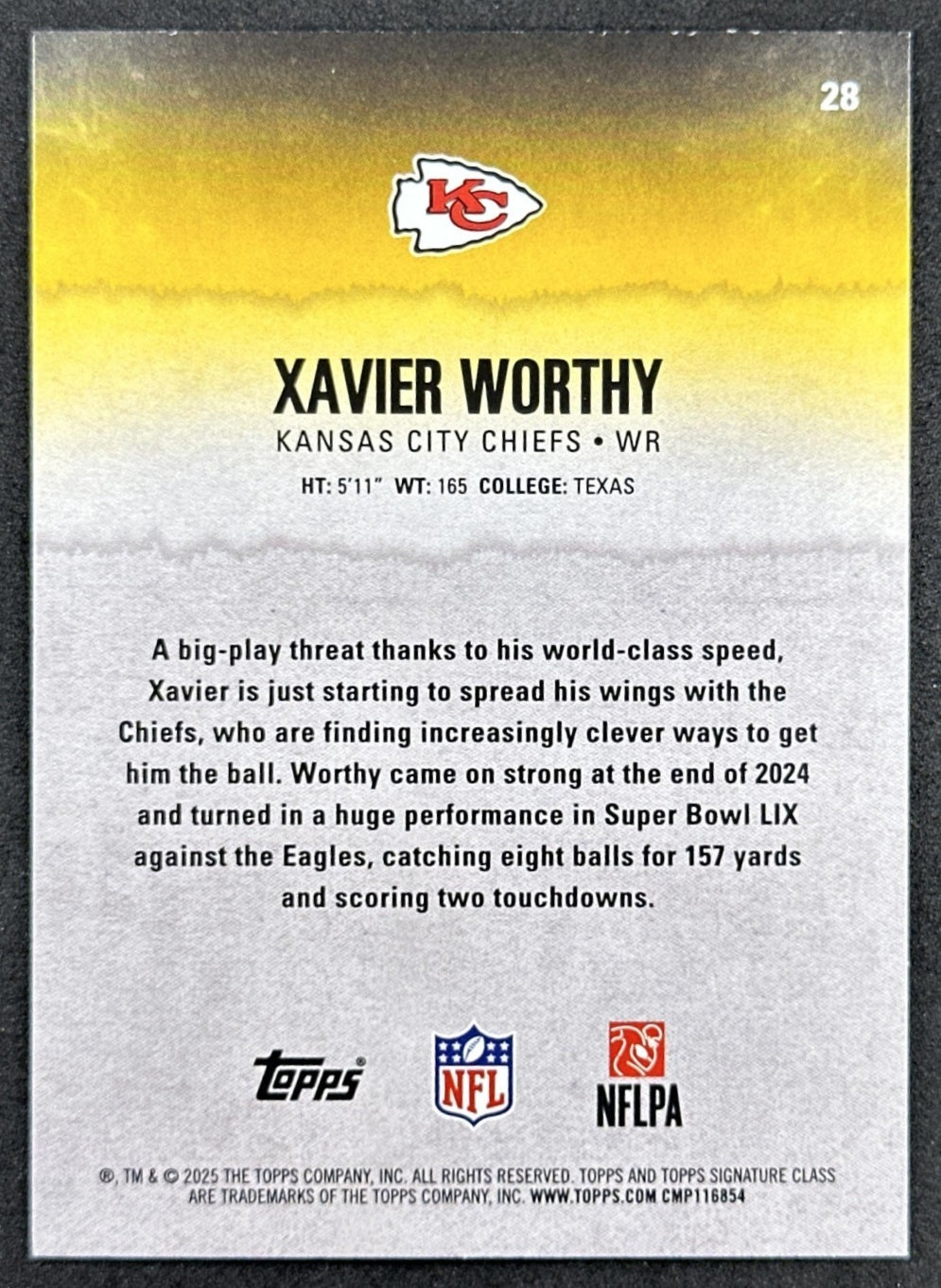 Xavier Worthy 2025 Topps Signature Class Veteran Green & Purple Foil Chiefs back