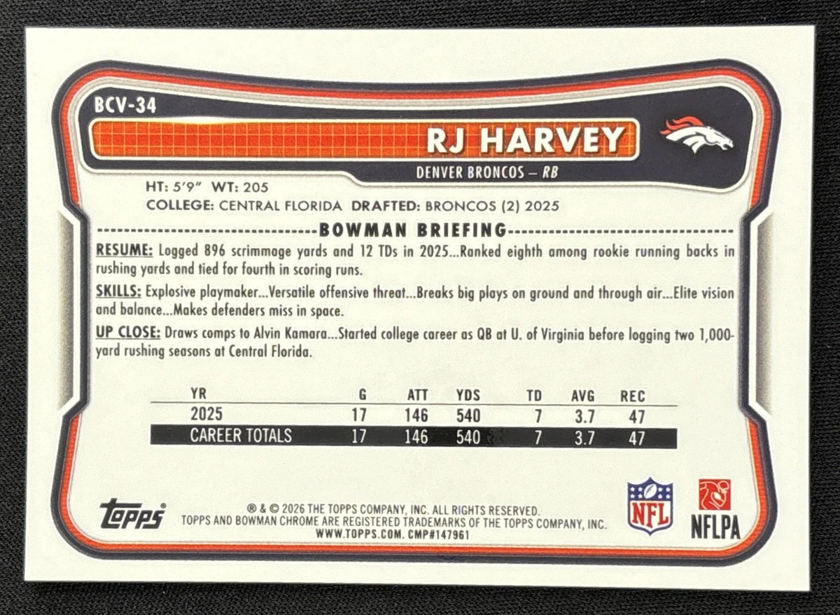 RJ Harvey 2026 Bowman Chrome NFL Red Mojo Refractor /5 Broncos