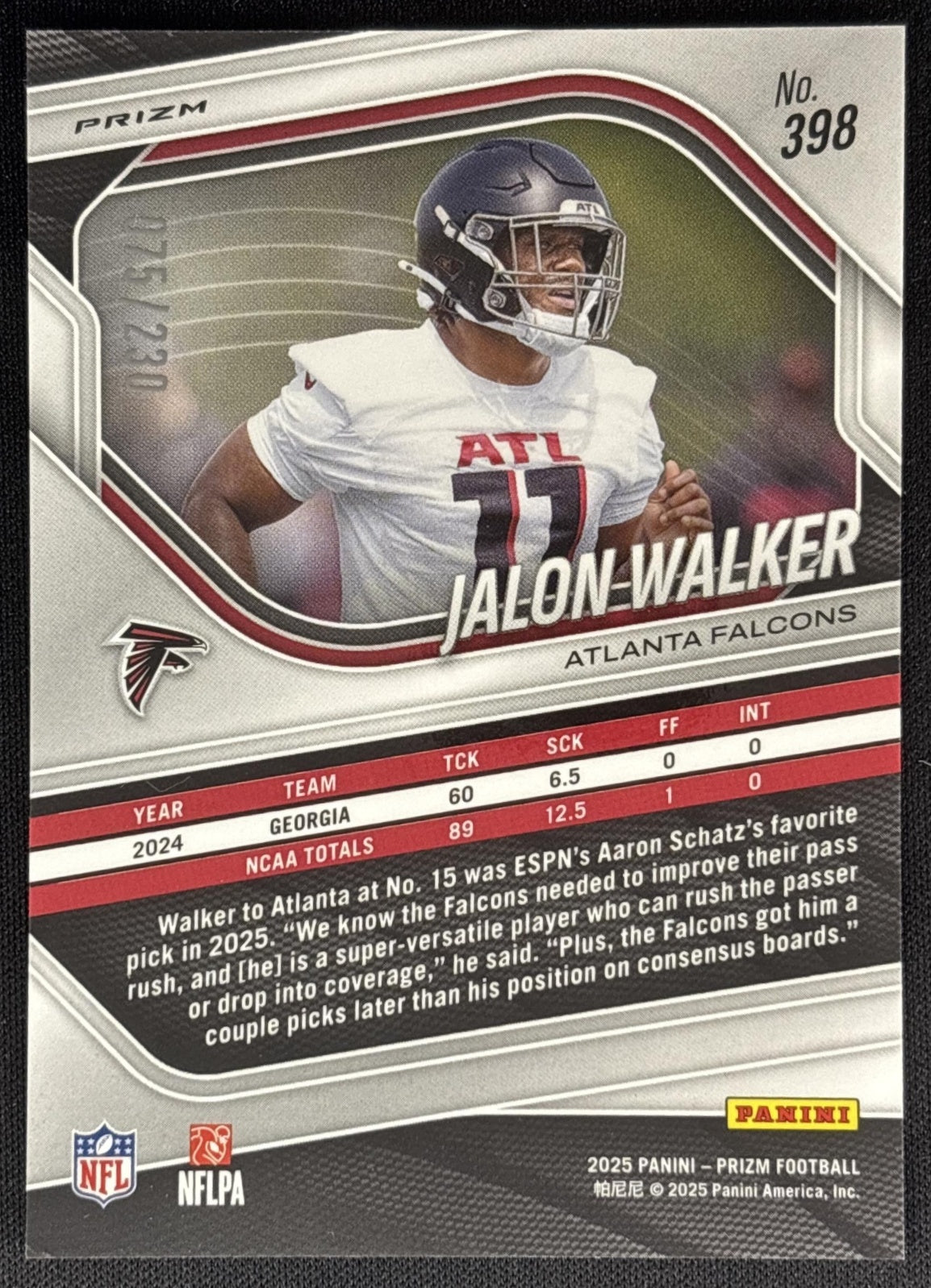 Jalon Walker 2025 Panini Prizm Blue Wave /230 Falcons Sports Trading Cards