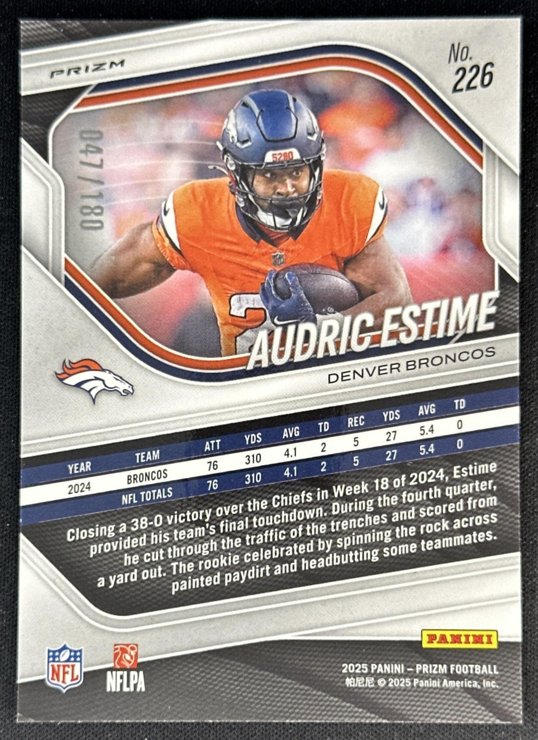Audric Estime 2025 Panini Prizm Pigskin /180 Broncos