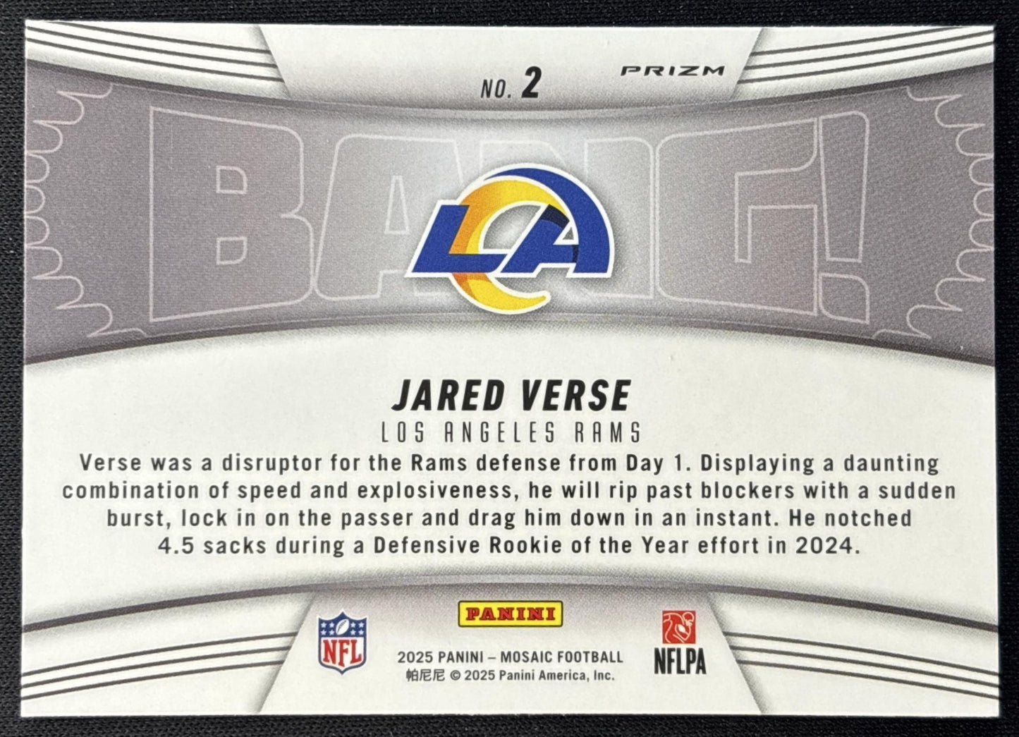 Jared Verse 2025 Panini Mosaic Bang! Orange Fluorescent Prizm
