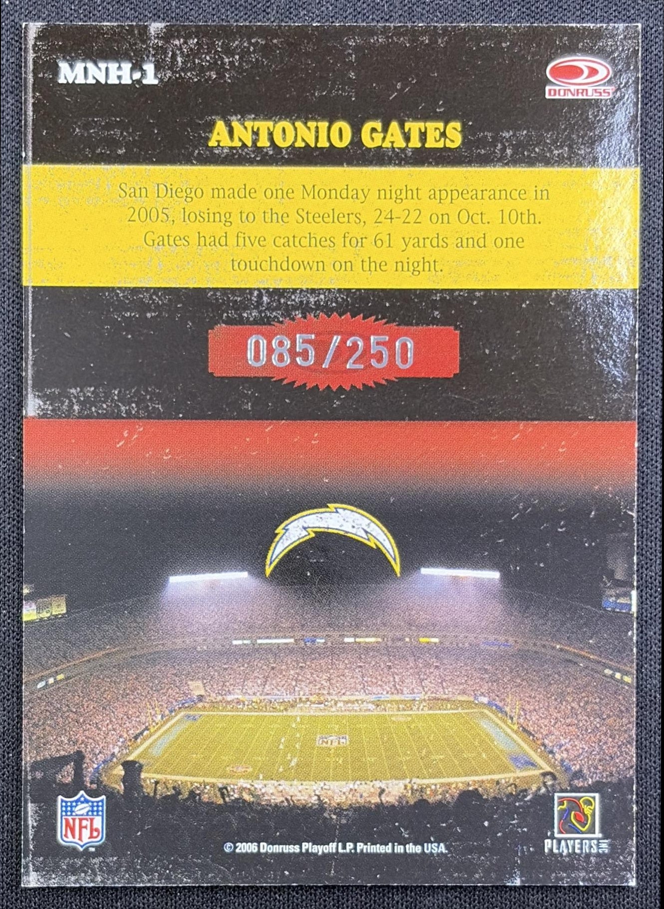 Antonio Gates 2006 Donruss Classics Monday Night Heroes Jerseys /250 Chargers back