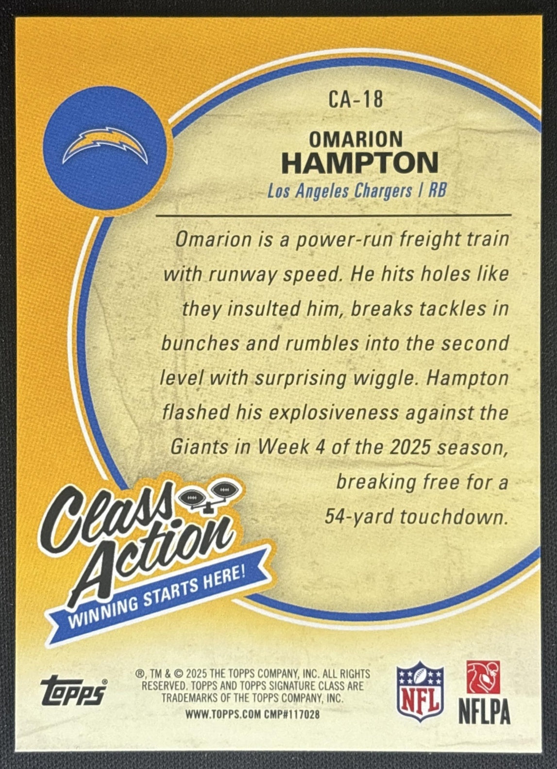 Omarion Hampton 2025 Topps Signature Class Action Chargers back