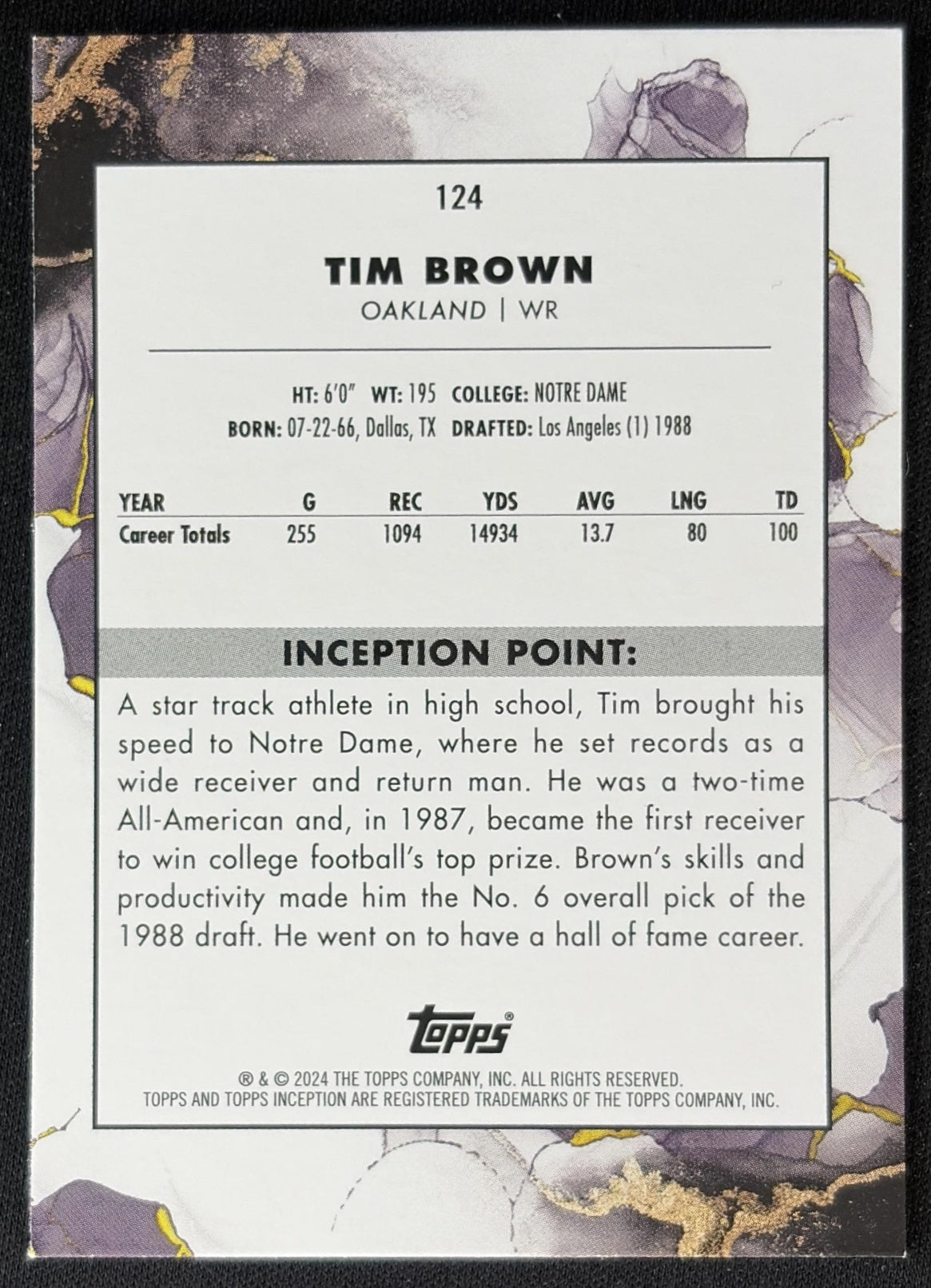 Tim Brown 2024 Topps Inception Magenta /99 Raiders back