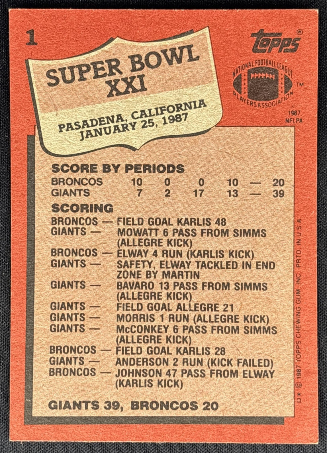 Super Bowl XX - Jim McMahon Matt Suhey SBXX 1986 Topps Bears - Back