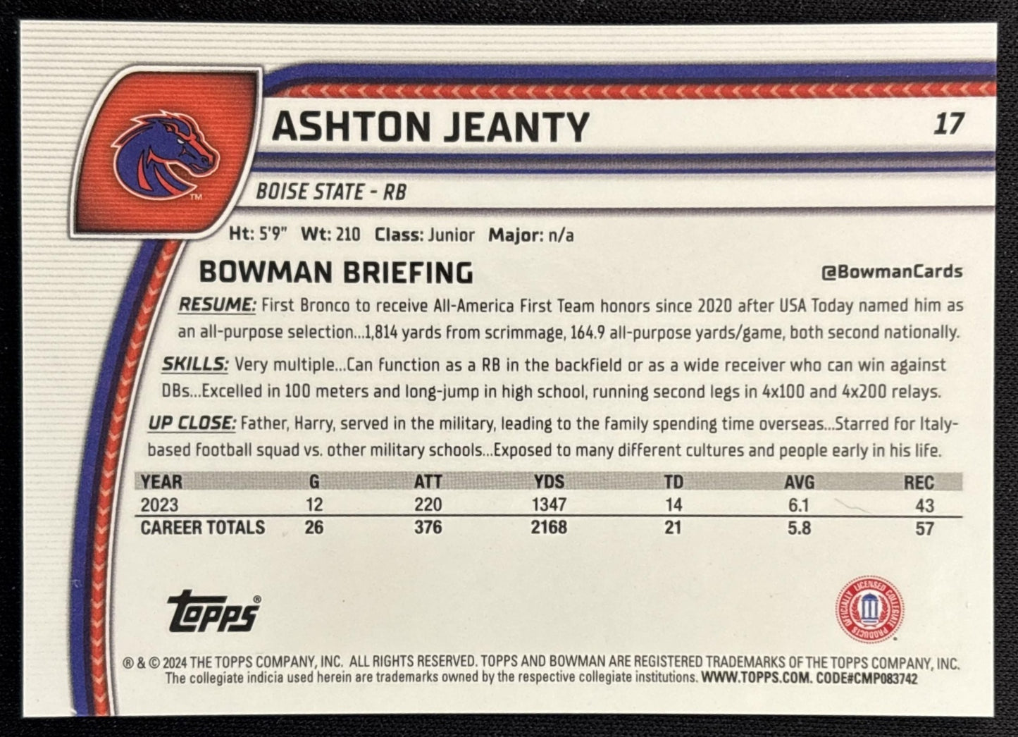 Ashton Jeanty 2024 Bowman Chrome University Green Refractor /99 Broncos Sports Trading Cards