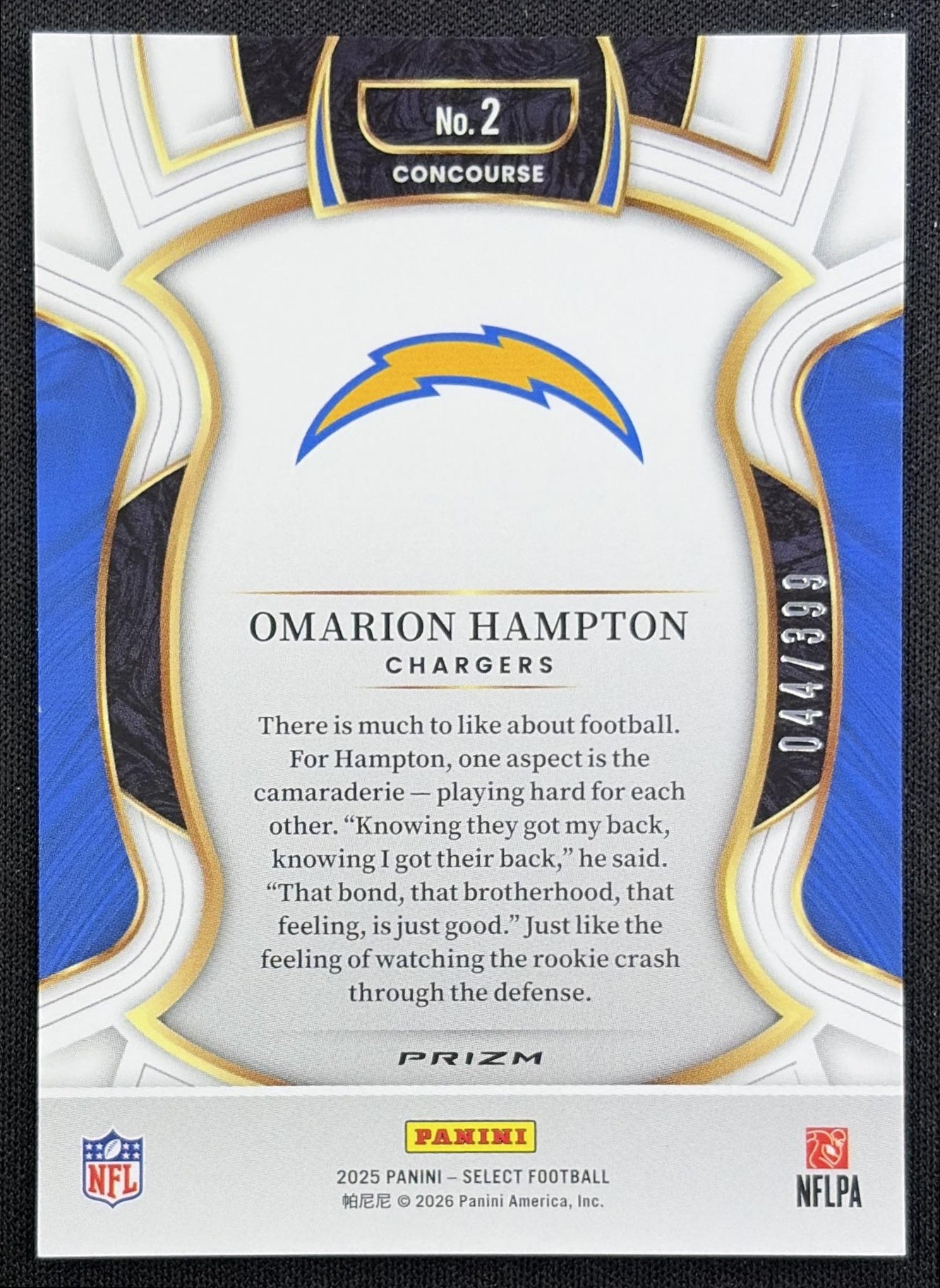 Omarion Hampton 2025 Panini Select Concourse Tri-Color Prizm /399 Chargers - back