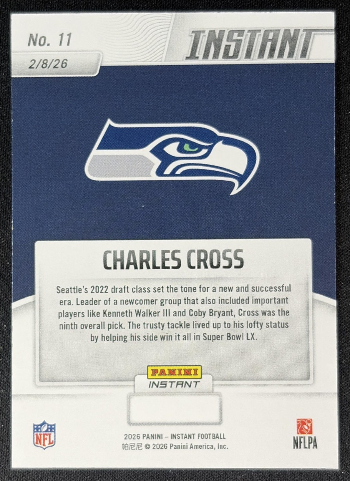Charles Cross 2026 Panini Instant Super Bowl LIX Champions Seattle Seahawks back