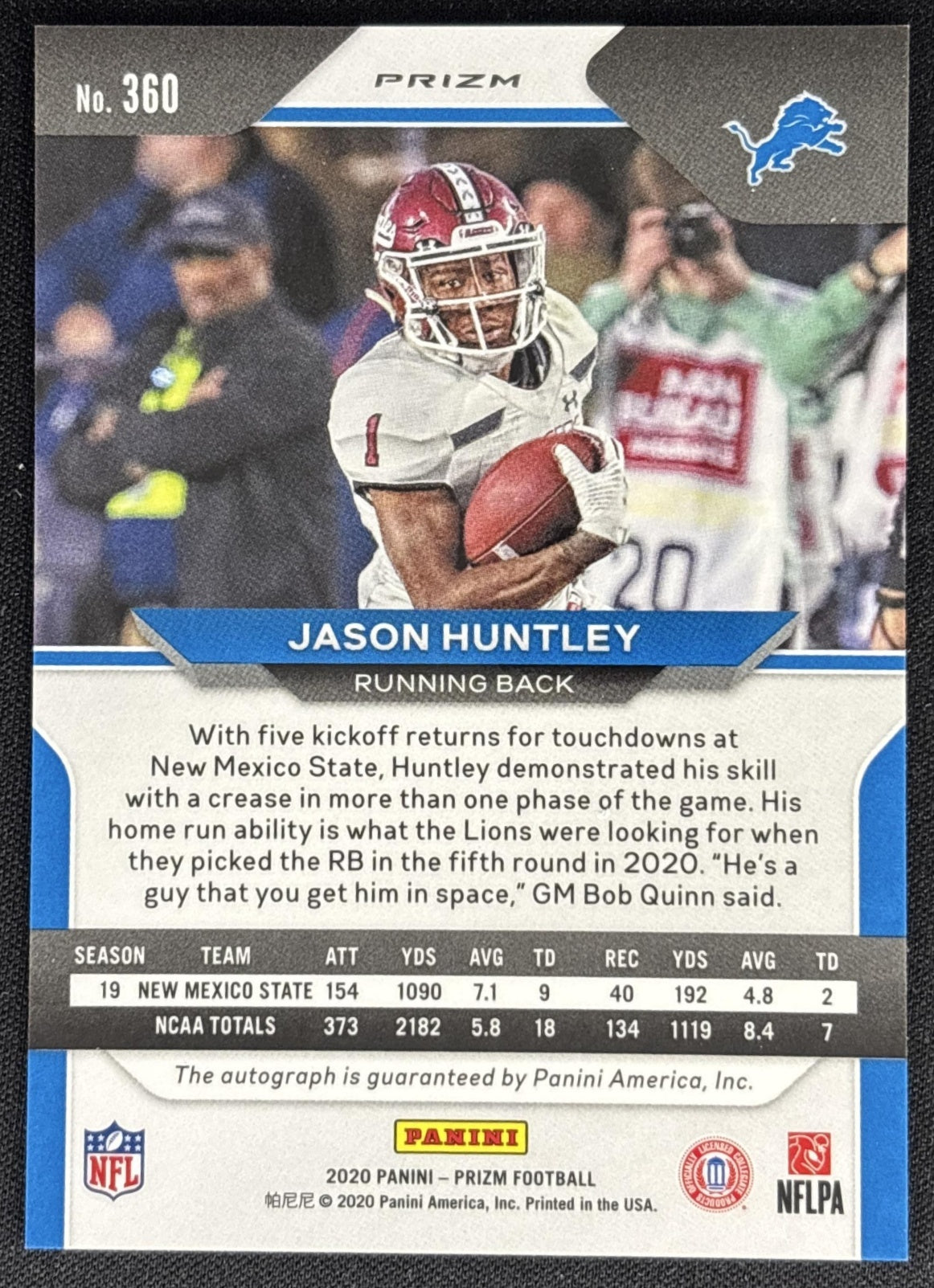 Jason Huntley 2020 Panini Prizm Rookie Auto Neon Green Pulsar Lions