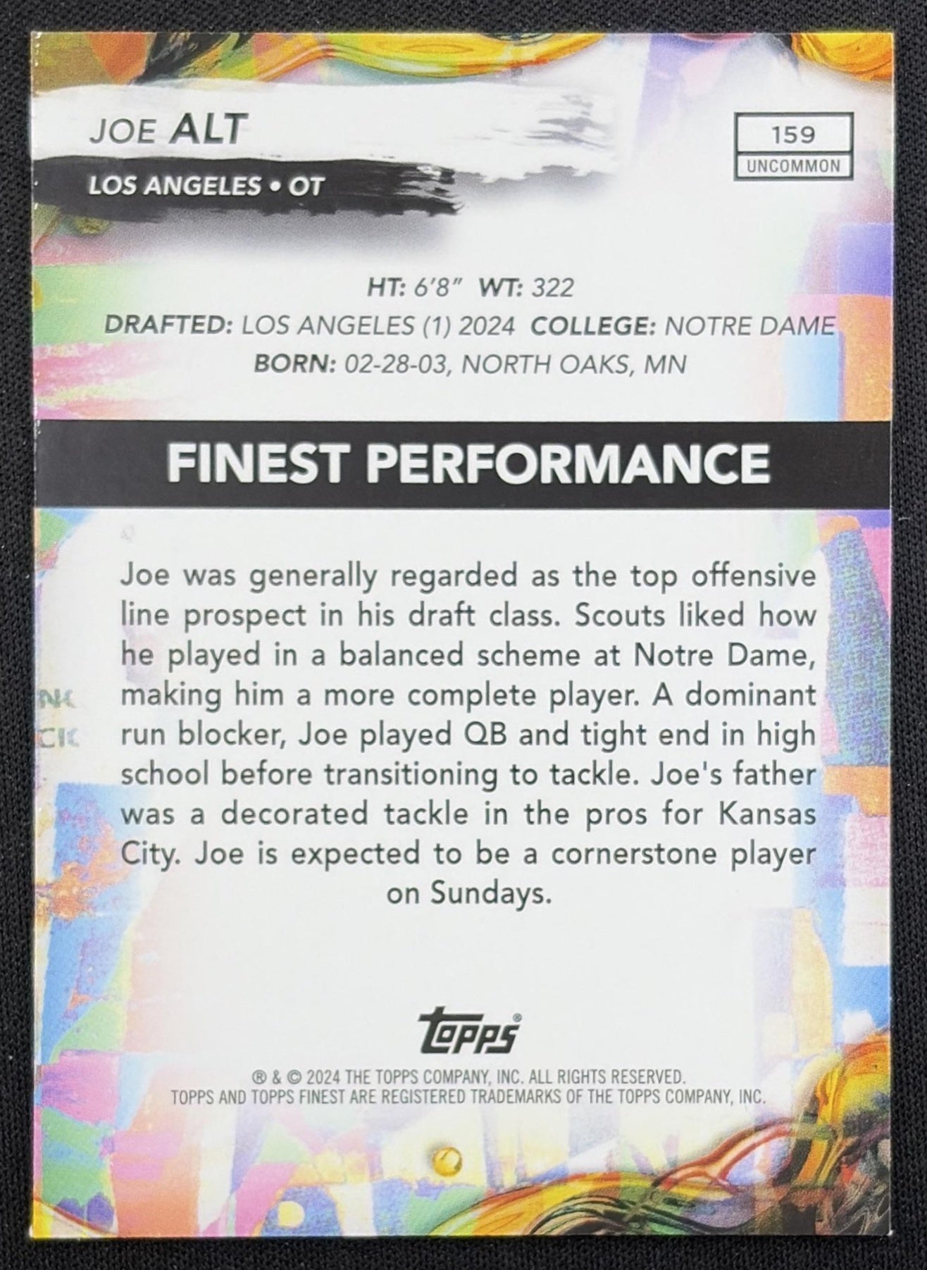 Joe Alt 2024 Topps Finest Sky Blue Refractor /250 Chargers