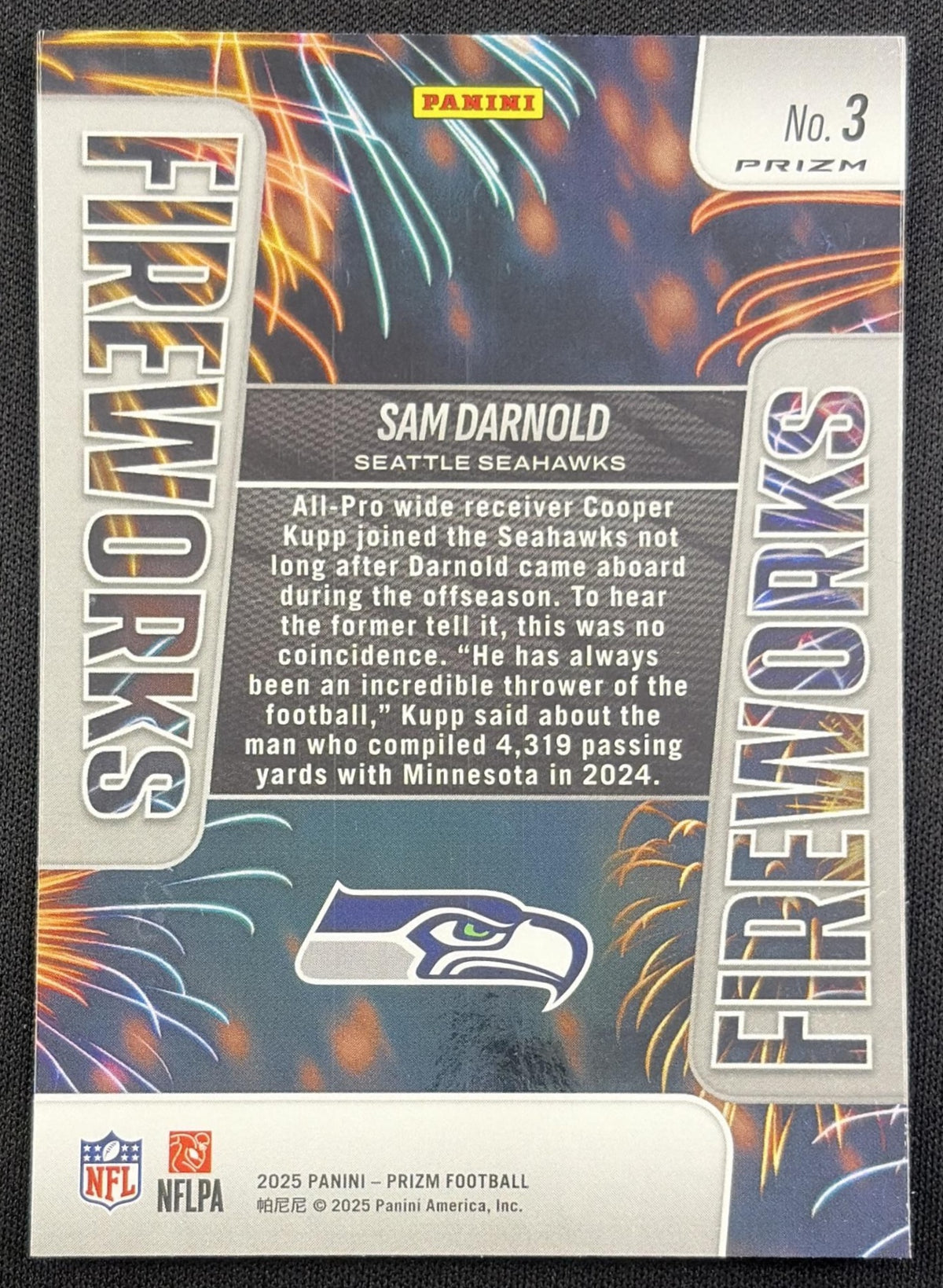Sam Darnold 2025 Panini Prizm Fireworks No Huddle Seahawks Seattle Seahawks