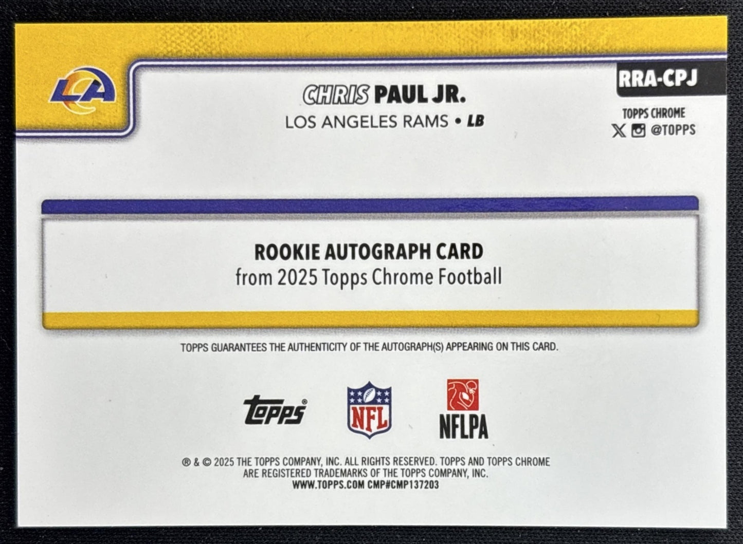 Chris Paul Jr. 2025 Topps Chrome Retail Rookie Auto Rams back