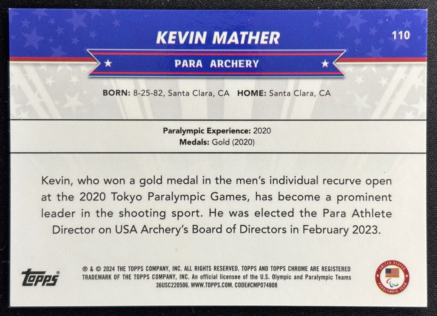 Kevin Mather 2024 Topps Chrome US Olympics Gold Refractor /50 USA Sports Trading Cards