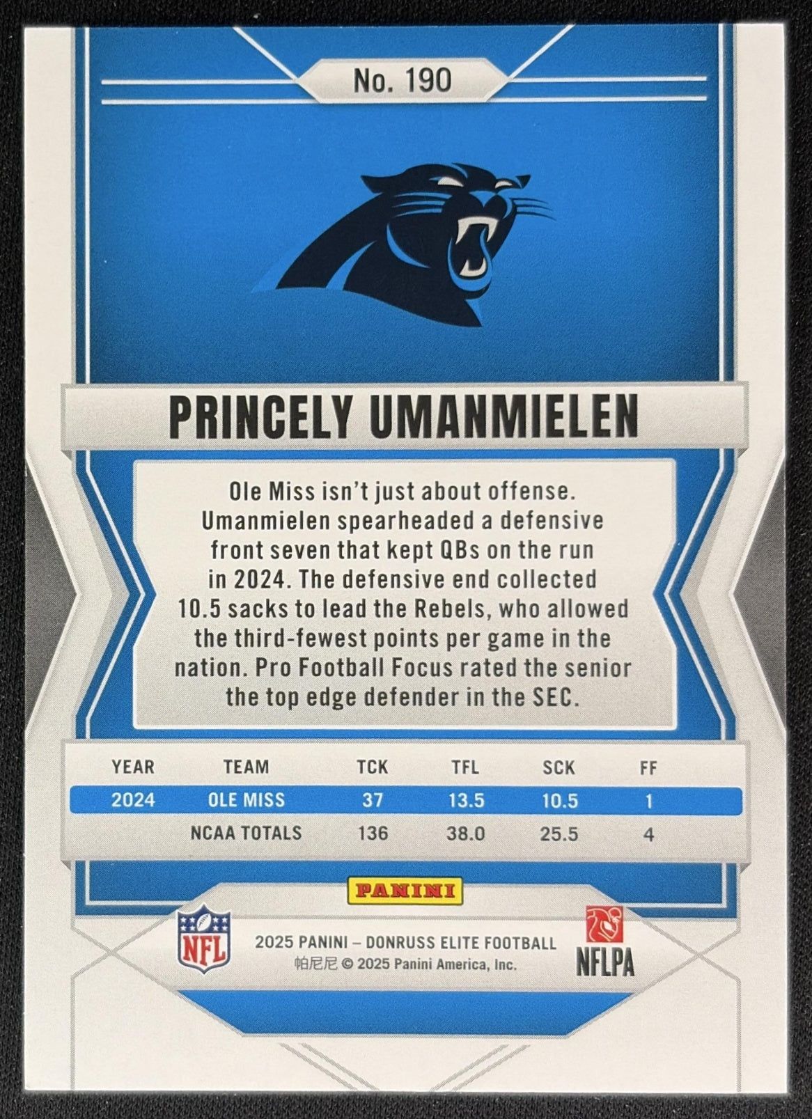 Princely Umanmielen 2025 Panini Donruss Elite Rookies /999 Panthers