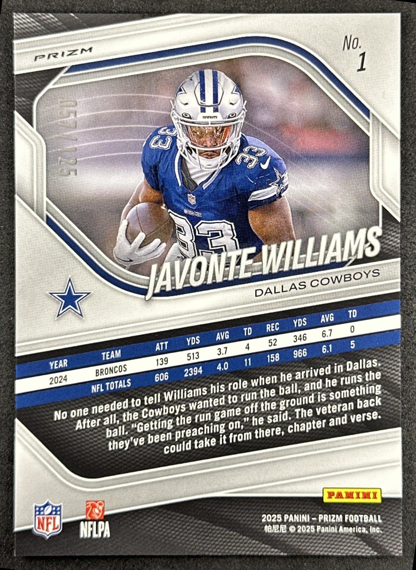 Javonte Williams 2025 Panini Prizm Purple /125 Cowboys