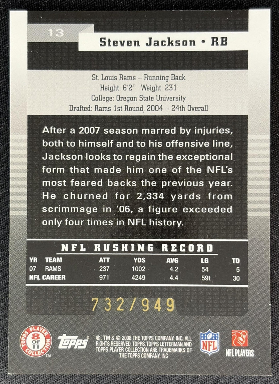 Steven Jackson 2008 Topps Letterman /949 Rams Sports Trading Cards
