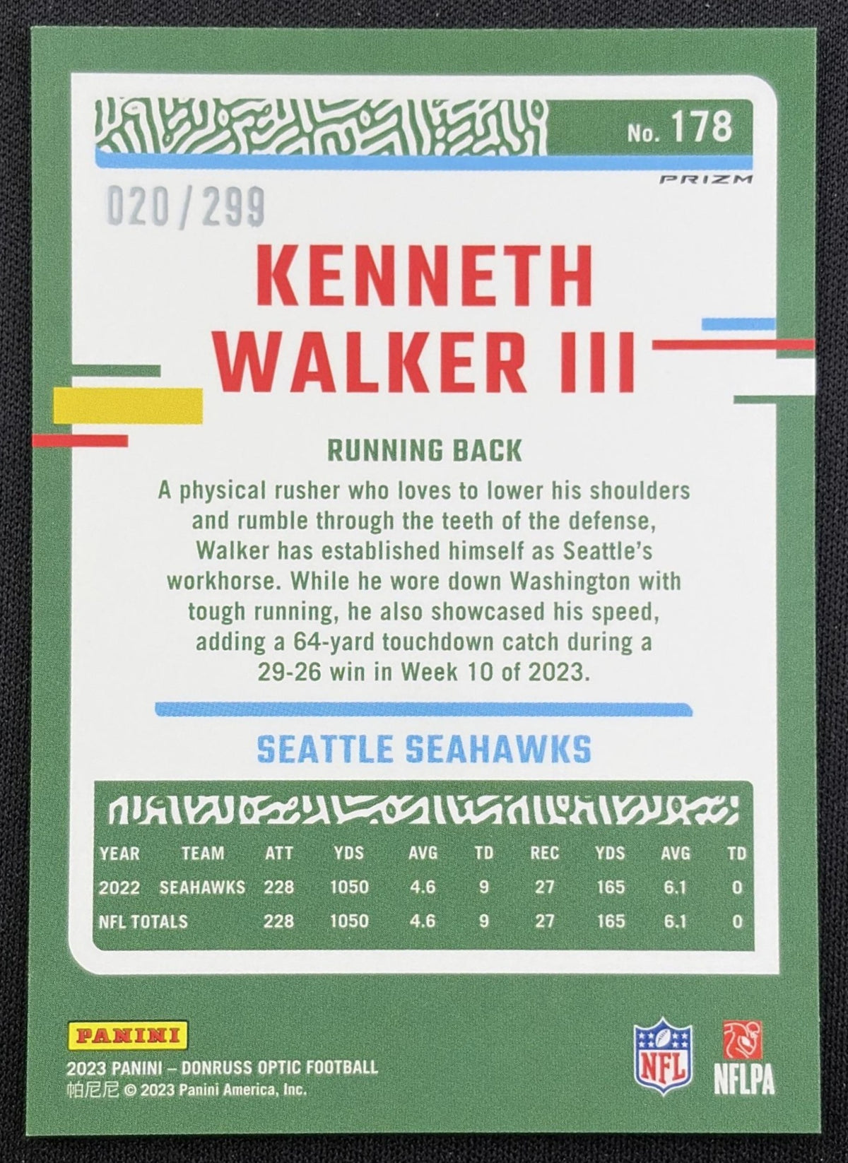 Kenneth Walker III 2023 Panini Donruss Optic Aqua Prizm /299 Seahawks back