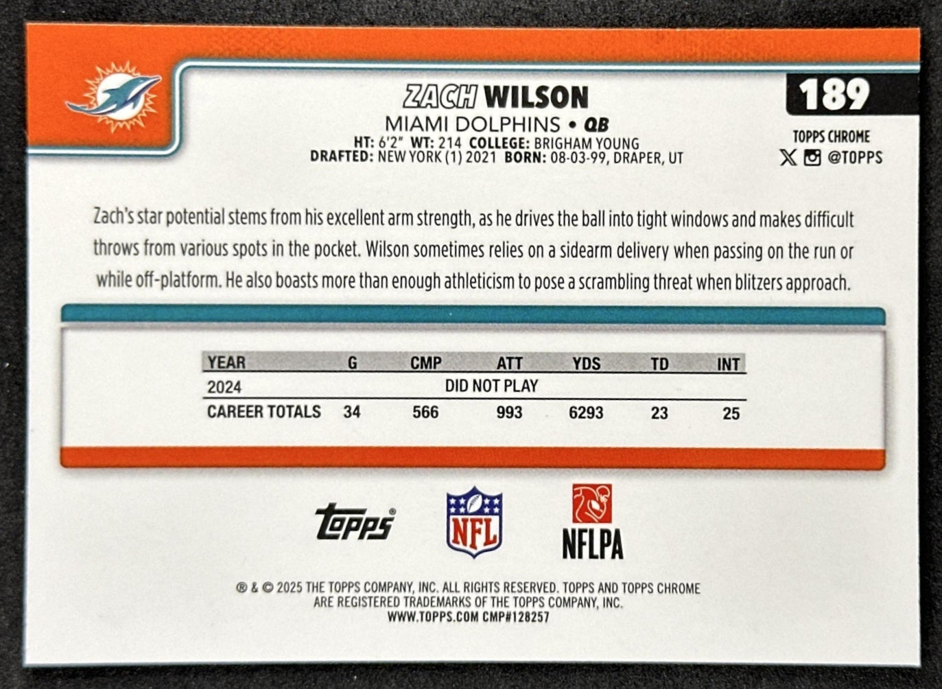 Zach Wilson 2025 Topps Chrome Sapphire Dolphins