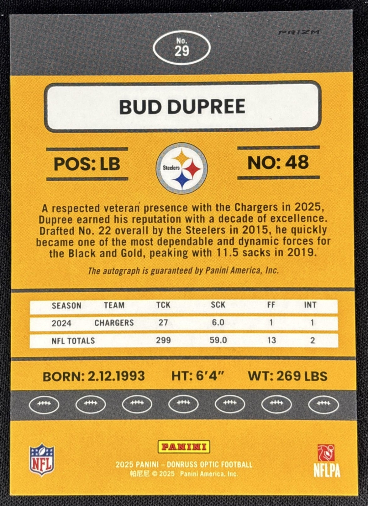 Bud Dupree 2025 Panini Donruss Optic 2015 Retro Auto Steelers