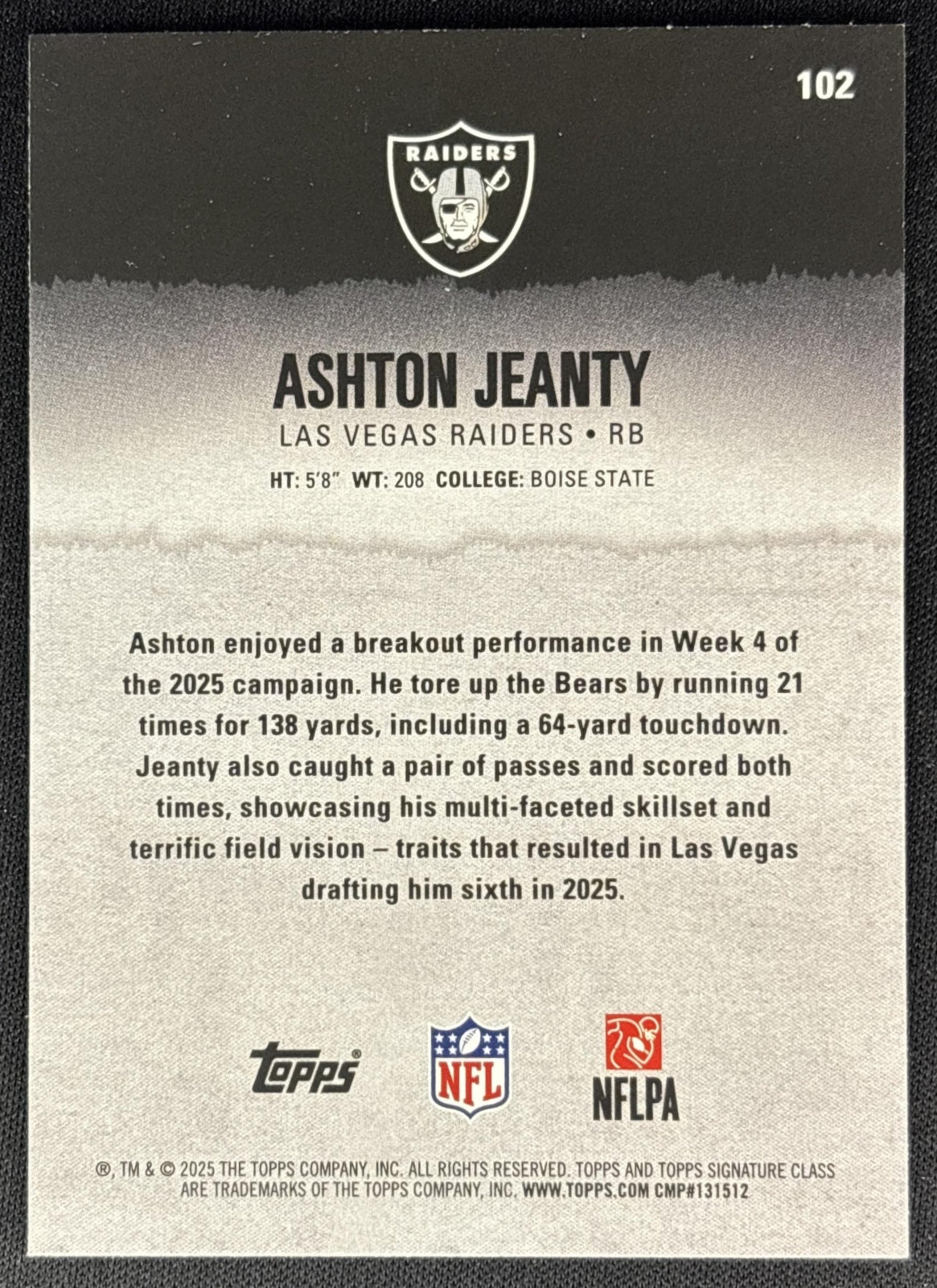 Ashton Jeanty 2025 Topps Signature Class Rookie Blue & Yellow Foil Raiders back