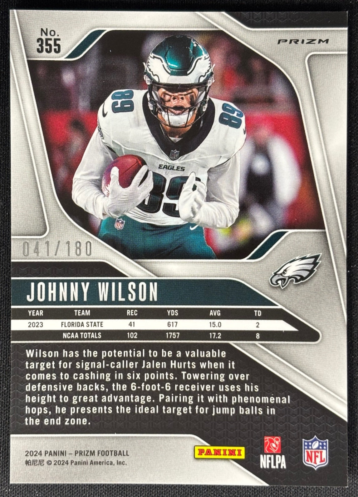 Johnny Wilson 2024 Prizm Hyper /180 Eagles - Back