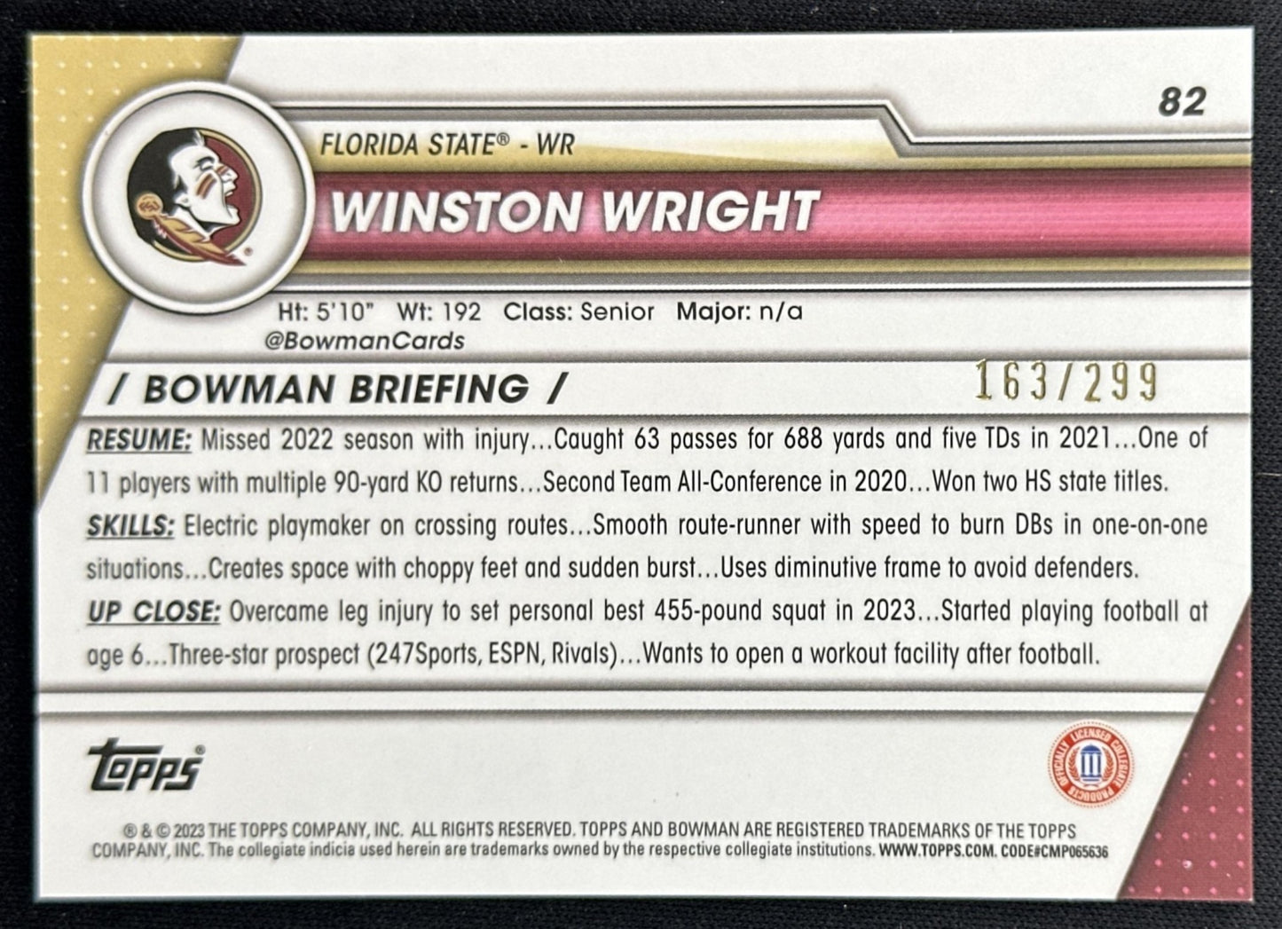 Winston Wright 2023 Bowman University Chrome Aqua Refractor /299 Seminoles back