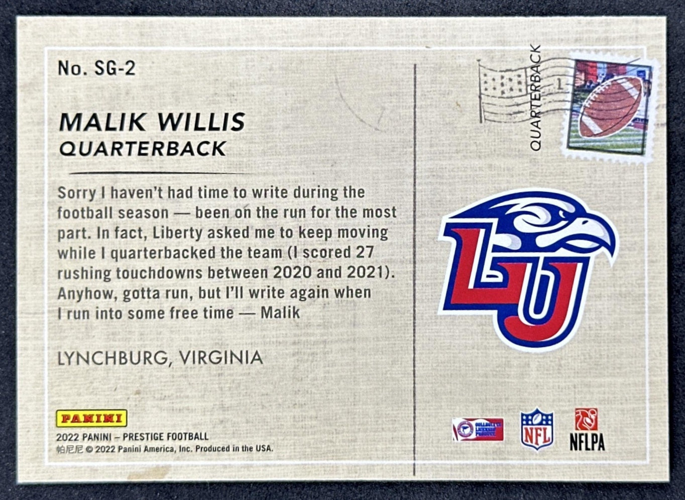 Malik Willis 2022 Panini Prestige Seasons Greetings Flames back sports trading card