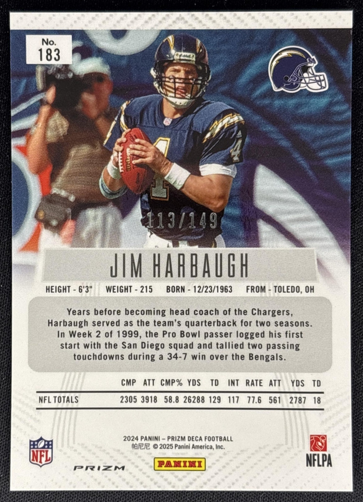 Jim Harbaugh 2024 Panini Prizm Deca Blue /149 Chargers