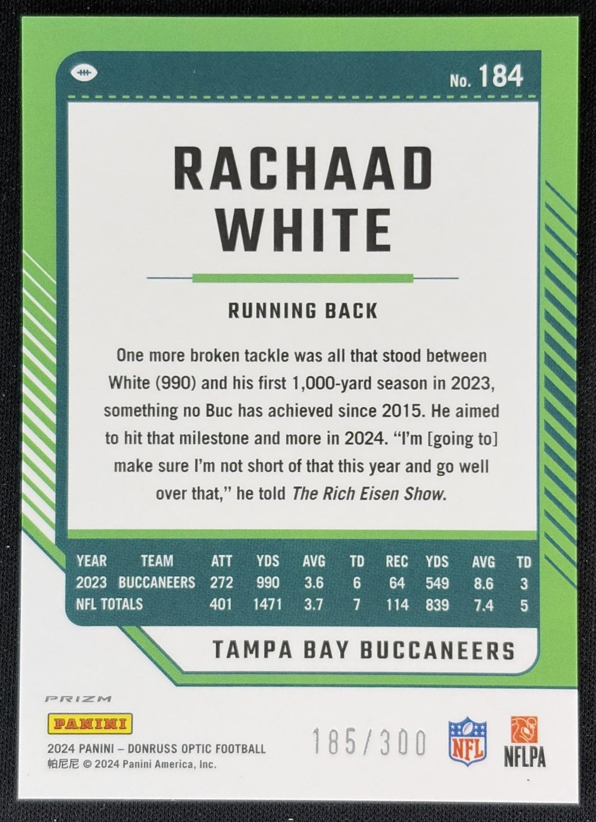 Rachaad White 2024 Panini Donruss Optic Wave /300 Buccaneers back