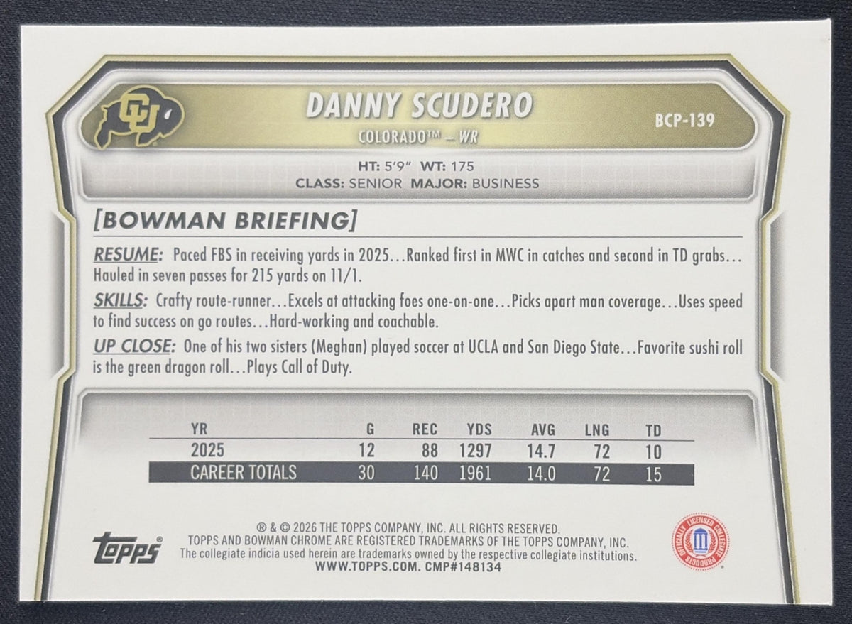 Danny Scudero 2026 Bowman Chrome Prospects Speckle Refractor Buffaloes