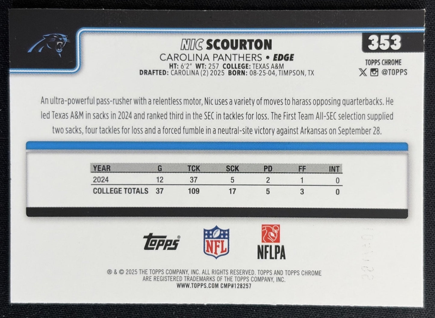 Nic Scourton 2025 Topps Chrome Rookie Aqua Wave Refractor /199 Panthers back