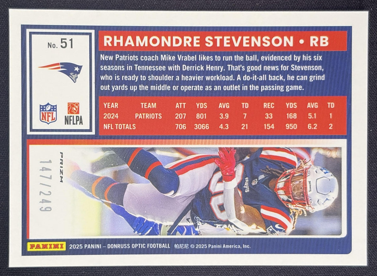 Rhamondre Stevenson 2025 Panini Donruss Optic Blue Prizm /249 Patriots
