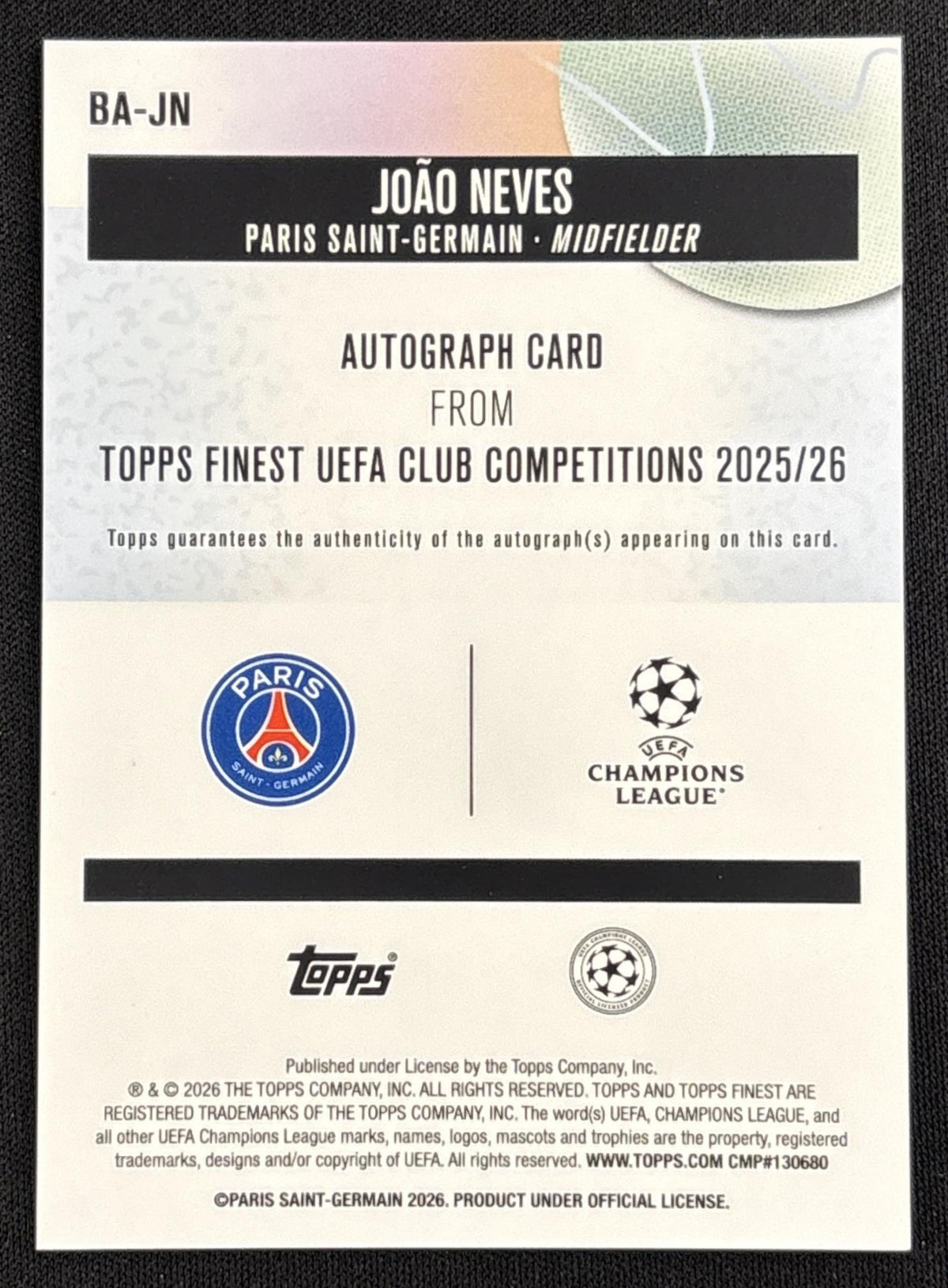 Joao Neves 2025 Topps Finest UEFA Club Competition Auto Orange Wave Refractor /25 PSG