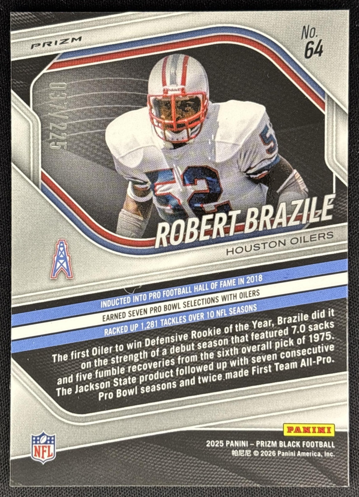 Robert Brazile 2025 Panini Prizm Black Football /225 Oilers Sports Trading Cards