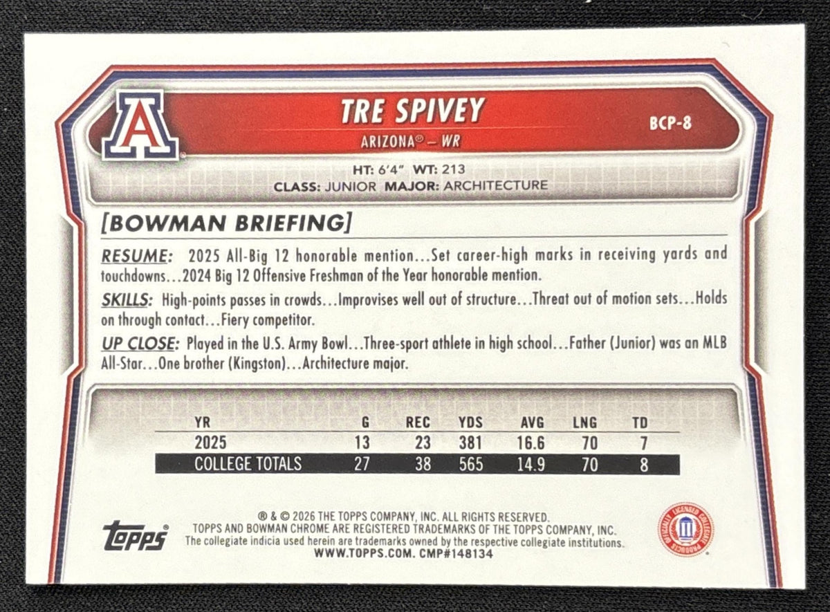 Tre Spivey 2026 Bowman Chrome Prospects Speckle Refractor Wildcats Cardinals