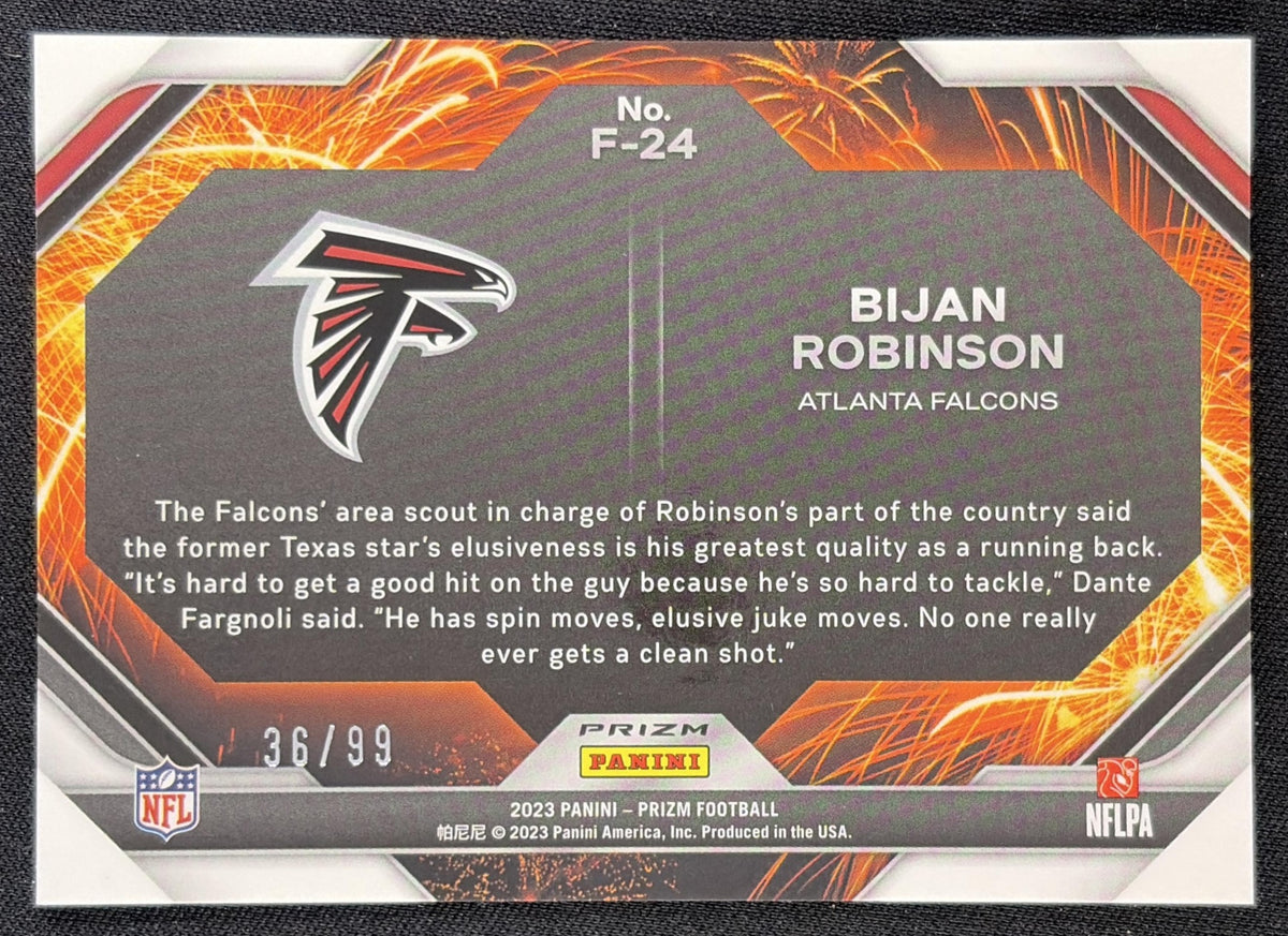 Bijan Robinson 2023 Panini Prizm Fireworks Prizms Blue Ice /99 Falcons
