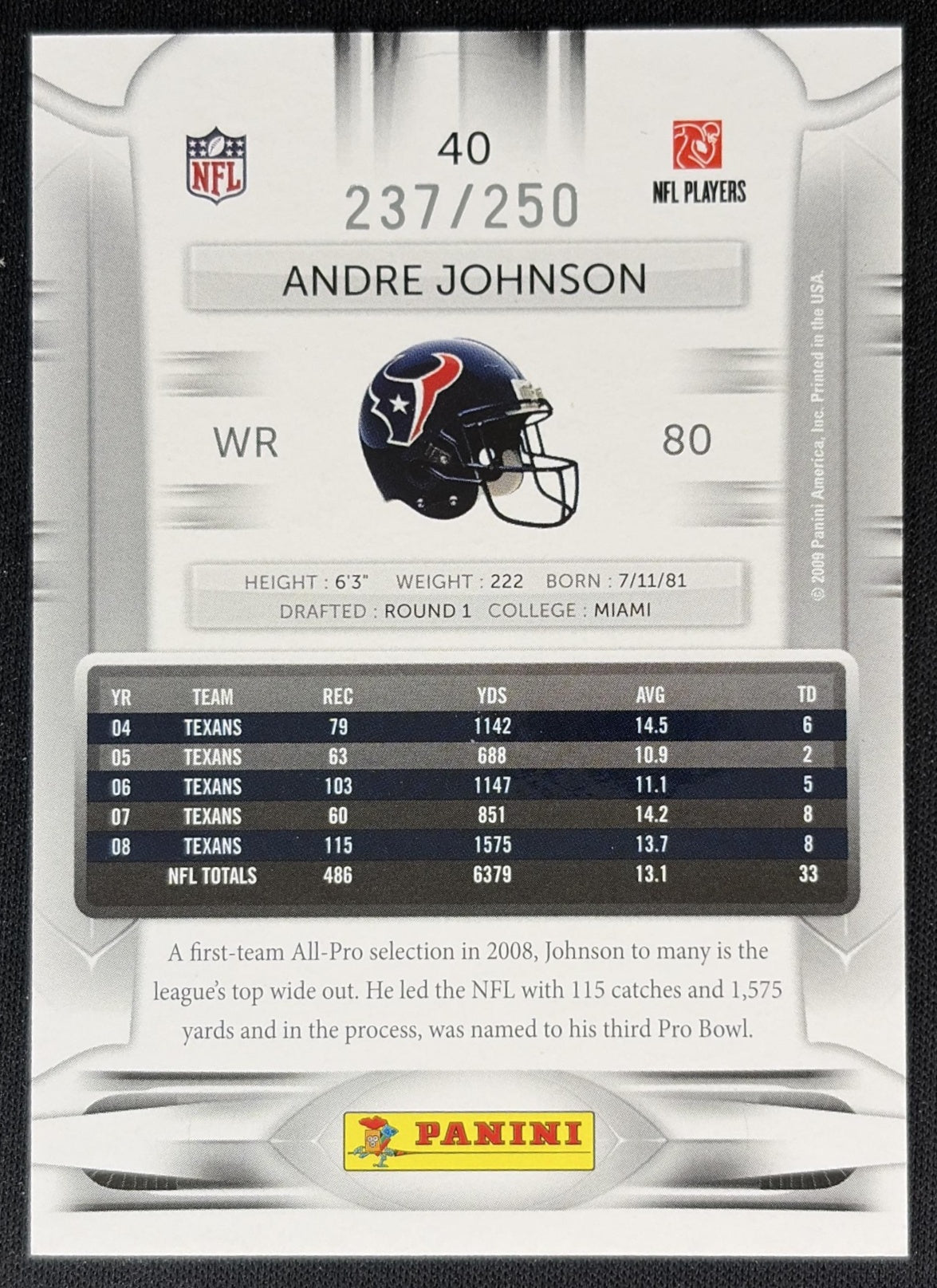 Andre Johnson 2009 Playoff Prestige Prestigious Pros Materials Blue /250 Texans