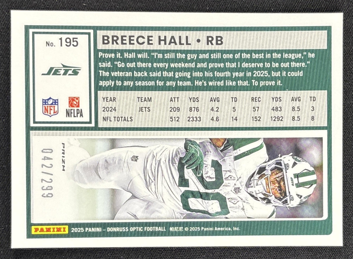 Breece Hall 2025 Panini Donruss Optic Orange Prizm /299 Jets