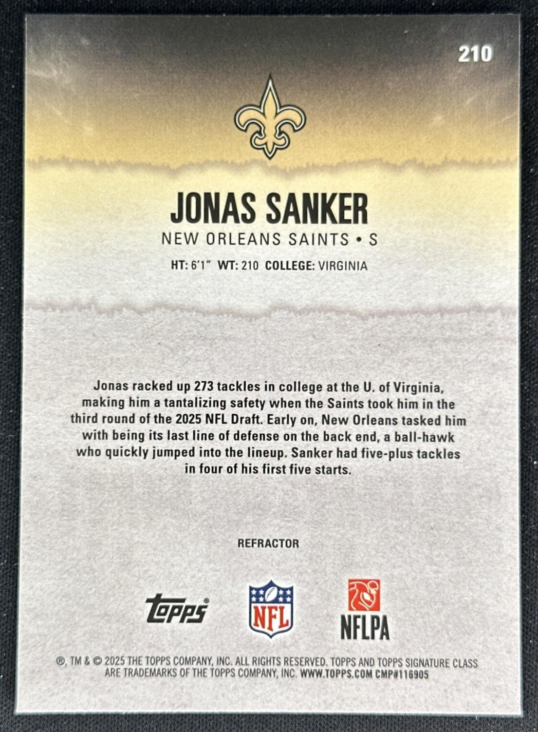 Jonas Sanker 2025 Topps Signature Class Chrome Rookie White Refractor Saints back