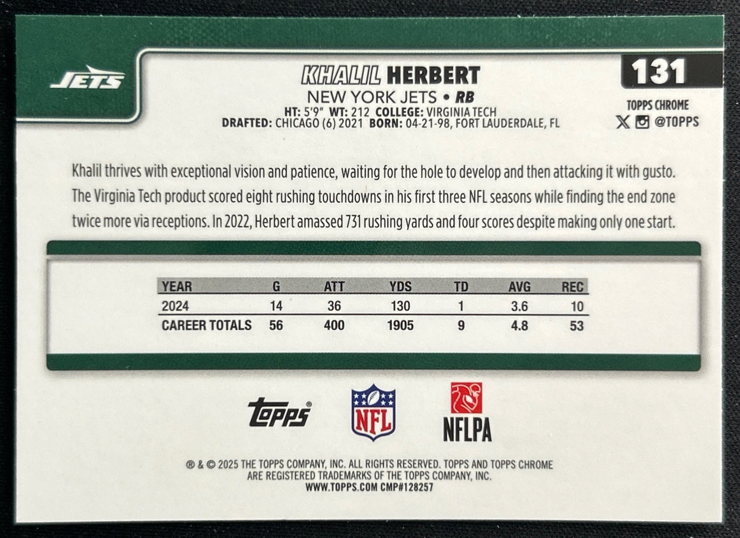Khalil Herbert 2025 Topps Chrome Jets Sports Trading Cards