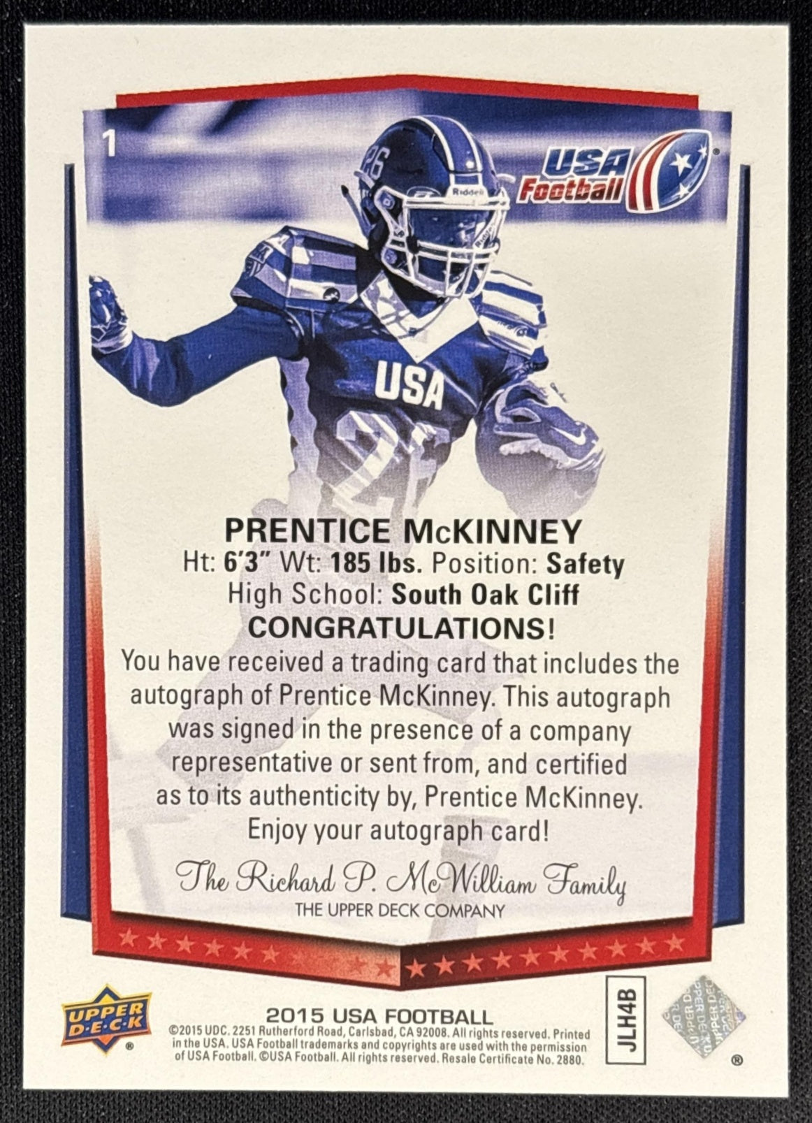 Prentice McKinney 2015 Upper Deck USA Football Auto back