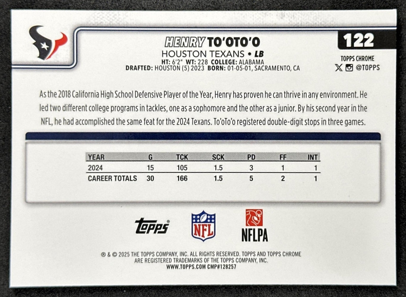 Henry To'oTo'o 2025 Topps Chrome Sapphire Texans
