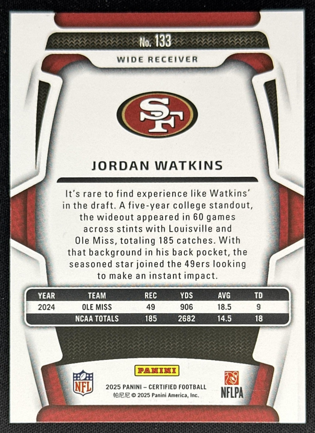 Jordan Watkins 2023 Certified /299 Rookie 49ers back