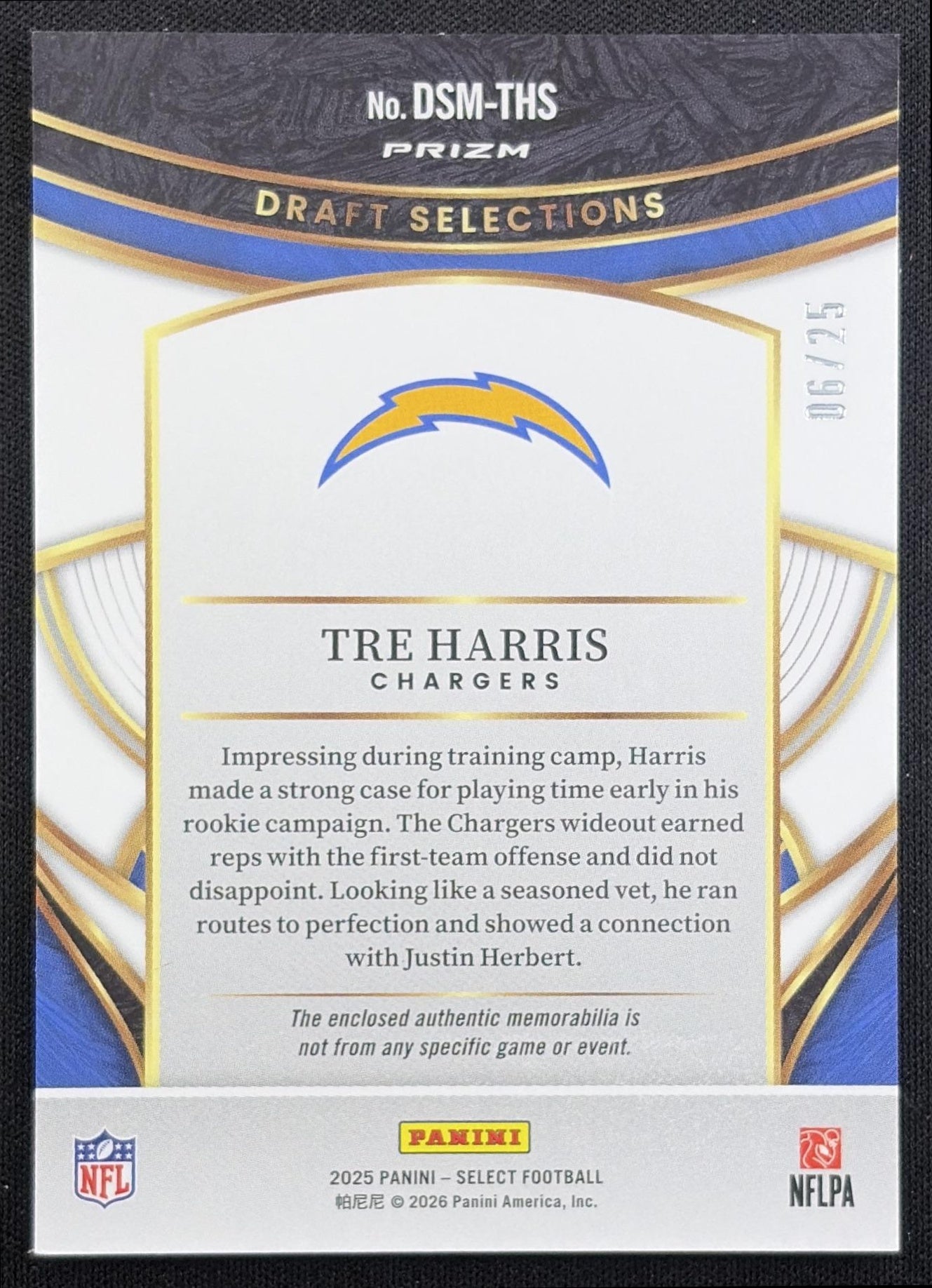 Tre Harris 2025 Panini Select Draft Selections Memorabilia Tie-Dye Prizm /25 Chargers
