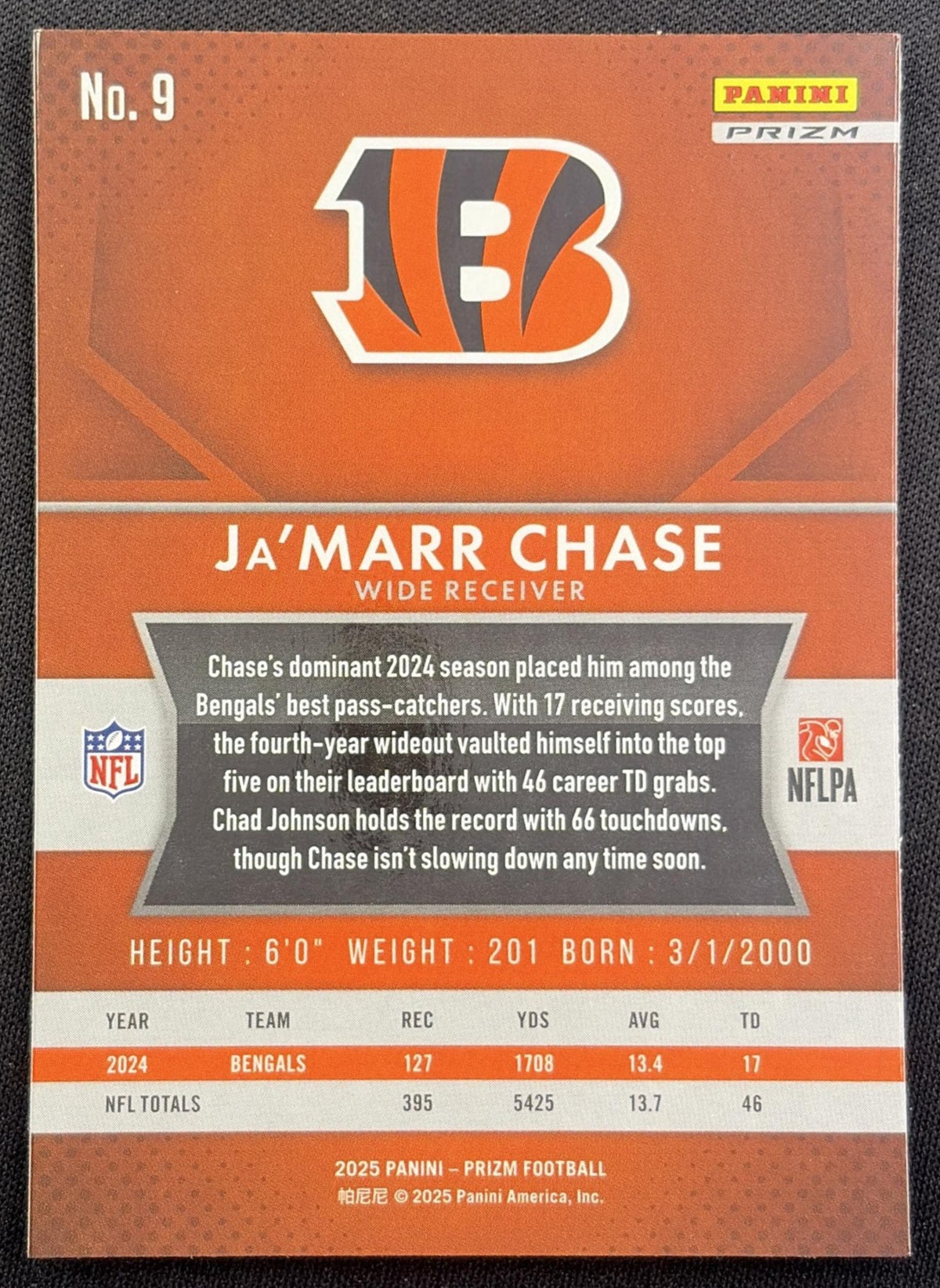 Ja'Marr Chase 2025 Panini Prizm Flashback No Huddle Bengals Cincinnati Bengals