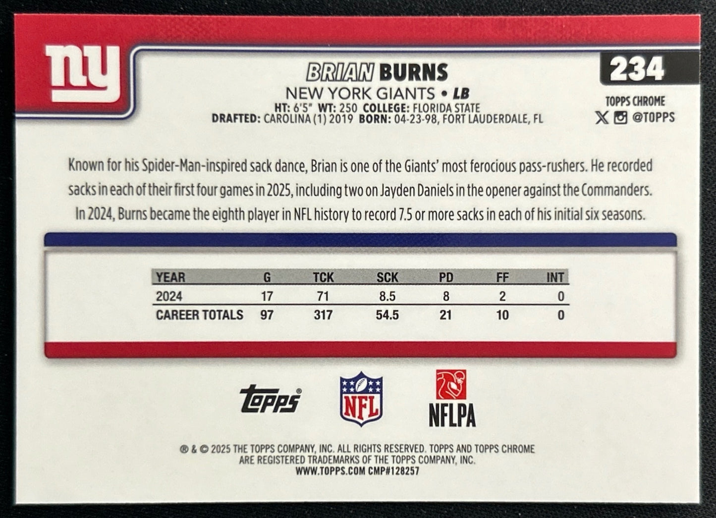 Brian Burns 2025 Topps Chrome Giants Sports Trading Cards