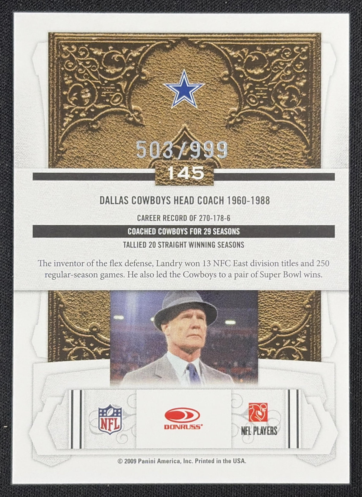 Tom Landry 2009 Panini Donruss Classics /999 Dallas Cowboys